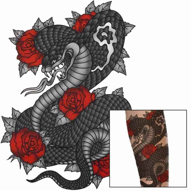 Orm Tatuering Kobra Och Rosor (Temporär)